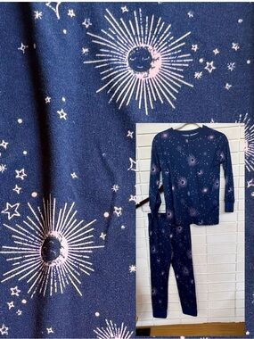 Nordstrom Girls Pajama Set * Size M 8/10 * Navy & Pink * Celestial Moon Stars